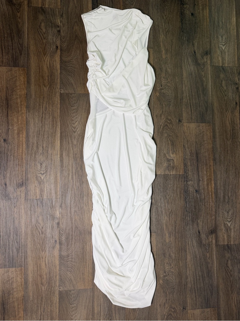 Women's White Ruched Maxi Dress - Sleek Evening Gown